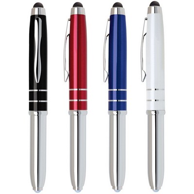 Lumos Light Pen and Stylus. Combination of LED light, ball point pen & touch screen blue stylus pen