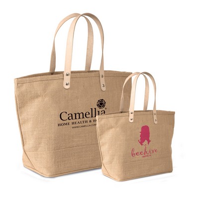 Jute Tote Bag with Leather Handles