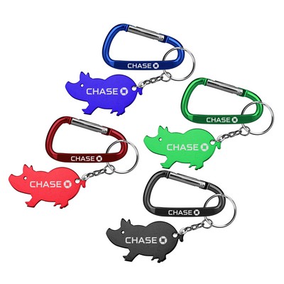 Jumbo Size Pig Shape Aluminum Bottle Opener w/Split Key Ring & 7 Cm Carabiner