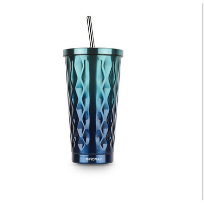 Vacuum Rhombus Pattern Stainless Steel Ice Cup w/Straw