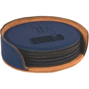 Blue Leatherette Round Coaster Set