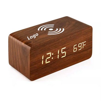 Digital Wooden Alarm Clock with Wireless Charging Station LED Clocks for Bedroom, Bedside