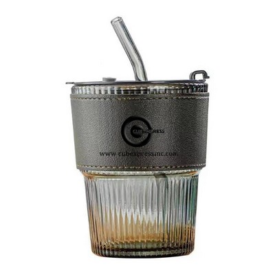 Glass Mug-Tumbler with Leather Look Sleeve with Lid & Straw