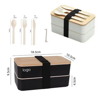 2 Layers Compartment Bamboo Lid Lunch Box With Cutlery