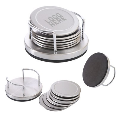 Set of 6 Stainless Steel Round Coasters with Holder