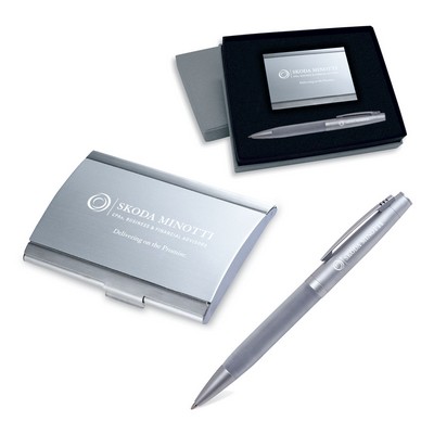 2-Piece Gift Set of Business Card Case and Rubber Grip Ballpoint Pen