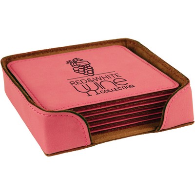 4" Square Pink 6-Coaster Set with Holder, Laserable Leatherette