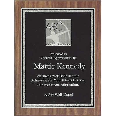 Economy Walnut Finish Plaque Series with Black-Silver Florentine Plate, 7"x9"