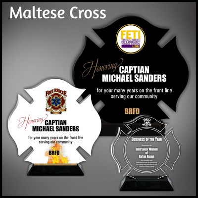 10" Maltese Cross Clear Acrylic Award in a Black Wood Base