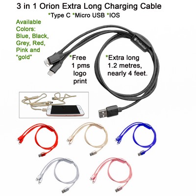 3 in 1 Orion Extra Long Charging Cable Black