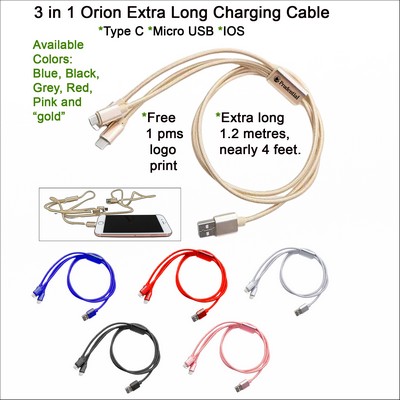 3 in 1 Orion Extra Long Charging Cable Gold