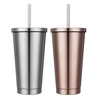 16 Oz. Stainless Steel Double Wall Insulated Travel Tumbler With Straw Lid