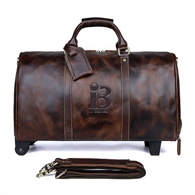 Large Leather Travel Duffel Bag with 2-rolling Spinner Wheel