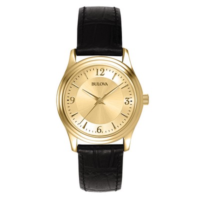 Bulova® Corporate Collection Ladies Gold Dial Watch w/Black Strap