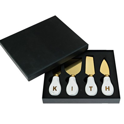 Marble and Brass Cheese Fork Set with Brass Inset Logo