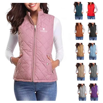 Sleeveless Zipper Diamond Quilted Puffer Warm Vest Jacket