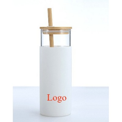 18Oz Glass Straw Tumbler W/ Bamboo Lid