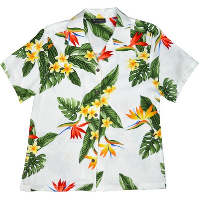 Ladies Hawaiian Tropical Print 100% Rayon Silky Feel Bahama White Shirt - DEEP INVENTORY