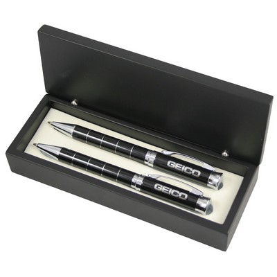 Silver Finish Circular Ring Design Ballpoint and Roller Ball Pen Set