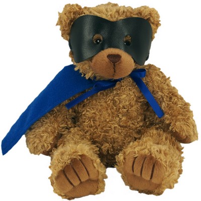 8" Super Hero Bear Stuffed Animal w/Black Mask & Royal Blue Cape