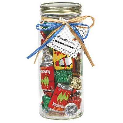 16 Oz. Contemporary Glass Mason Jar w/ Raffia Bow (Hershey's® Holiday Mix)