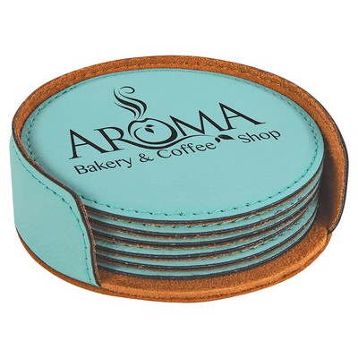 4" Round Teal 6-Coaster Set with Holder, Laserable Leatherette