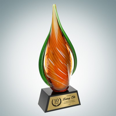 Art Glass Orange Creamsicle Award w/ Black Base & Gold Plate