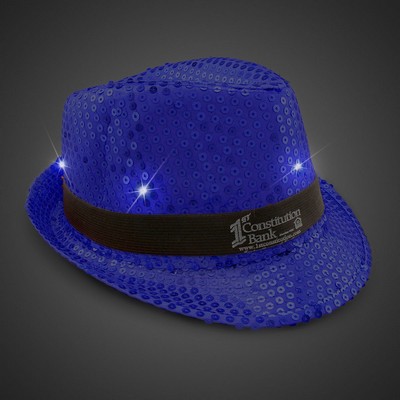 Blue Sequin Light Up Fedora Hat w/Silk Screened Black Band