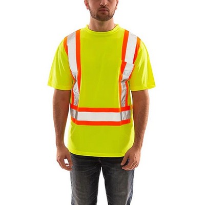 Hi Vis Class 2 3.8 oz. Polyester Two Tone Reflective Tape Crossback Safety Tee Shirt with Pocket