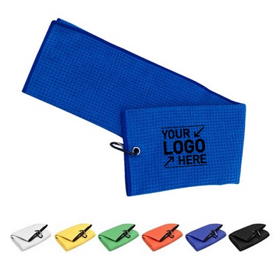 Tri Fold Waffle Pattern Golf Towel With Carabiner Clip