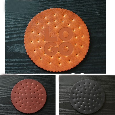 Round Biscuits Shape Genuine Leather Coaster