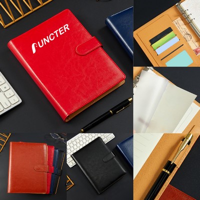 A5 Leatherette Rings Binder Notebook Ruled Lined Journal with Clasp, Card Holder, Pen Holder