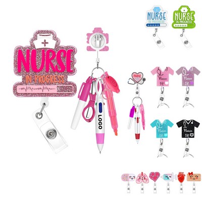 Nurse Pens Set Retractable Shuttle Pen & Highlighter Permanent Marker & Nursing Keychain Clip Badge