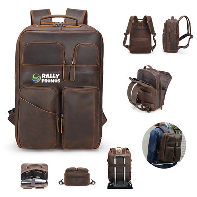 Crazy Horse Cow Leather Laptop Backpack for Men Multi Pockets