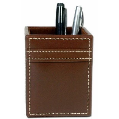 Rustic Brown Leather Pencil Cup