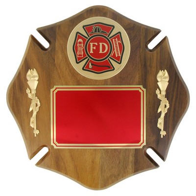 Walnut Maltese Cross Plaque w/Fire Department Medallion (12" x 12")