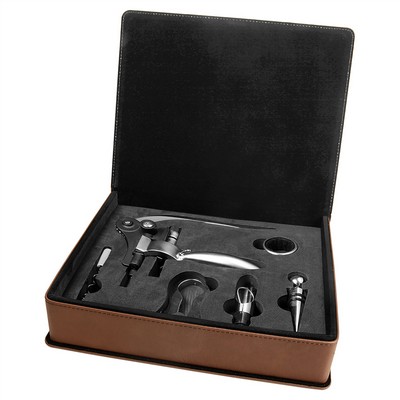 Laserable Dark Brown Leatherette 5-Piece Wine Tool Set