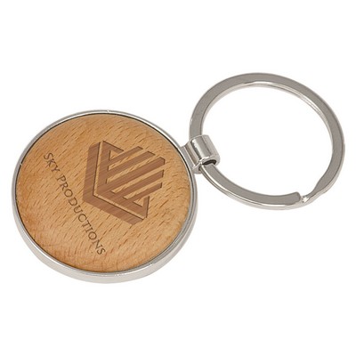 1.6" Silver/Wood Round Keychain