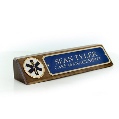 Genuine Walnut Desk Block w/Paramedic Medallion & Blue Plate