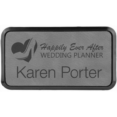 Gray Laser Engraved Leatherette Round Corner Badge & Frame (3" x 1 1/2")