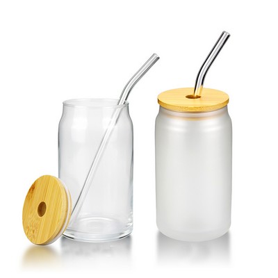 16 OZ Glass Mason Jar Drinking Cup With Bamboo Lid and Straw