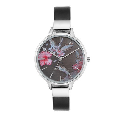 Nine West® Women's Black Floral Dial Strap Watch w/Silver-Tone