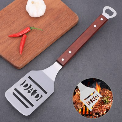 2 in 1 BBQ Grill Spatula Barbecue Tools with Long Wood Handle Stainless Steel and Bottle Opener