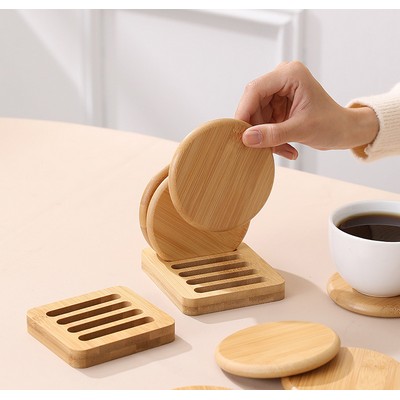 Natural Bamboo Coaster Set with Holder-4 Pieces Set