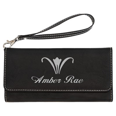 7.5" x 4" Black/Silver Leatherette Wallet with Strap