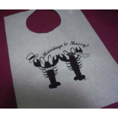 Stock "Marriage Is Messy" Bride & Groom Lobster Design Poly Backed Paper Bibs w/Ties Minimum 25 bibs