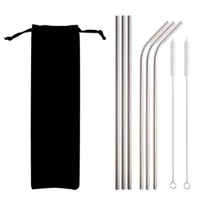 Stainless Steel Straws W/ Cleaning Brushes Velvet Bag