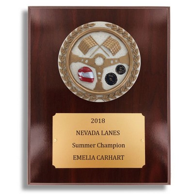 Dark Cherry Walnut Finish Plaque w/Auto Racing Stone Cast Emblem (8" x 10")