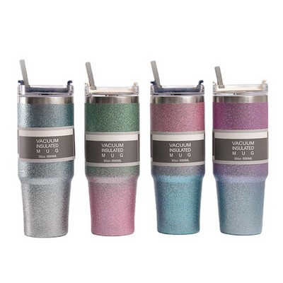 30oz Double Wall Glitter Coffee Tumbler with Straw & Lid