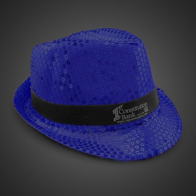 Blue Sequin Fedora Hat w/Silk Screened Black Band